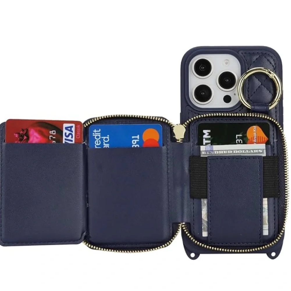 Quilted Navy blue iPhone 16 Pro Wallet Case with crossbody Strap - Picture 3 of 4